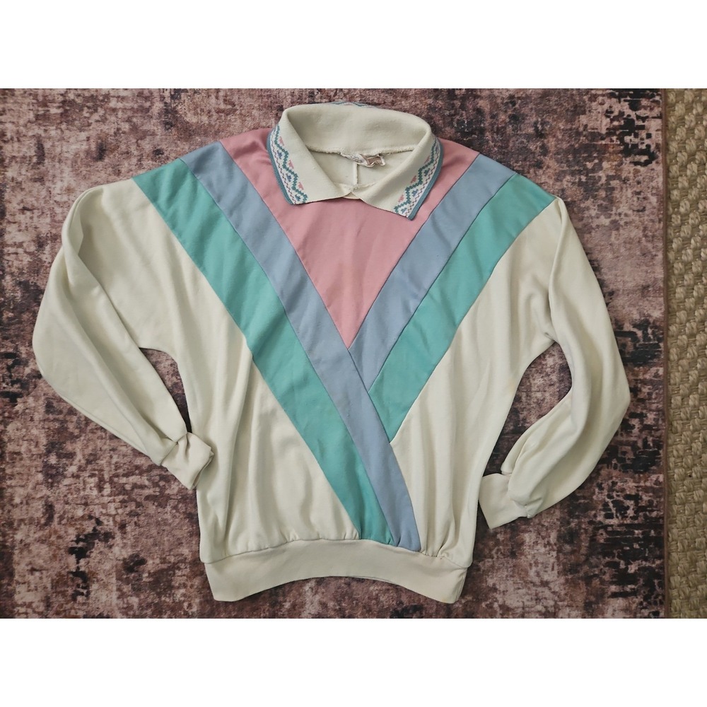 Season Ticket Vintage 80s Color Block Polo Sweatshirt Medium Y2K Pastel
